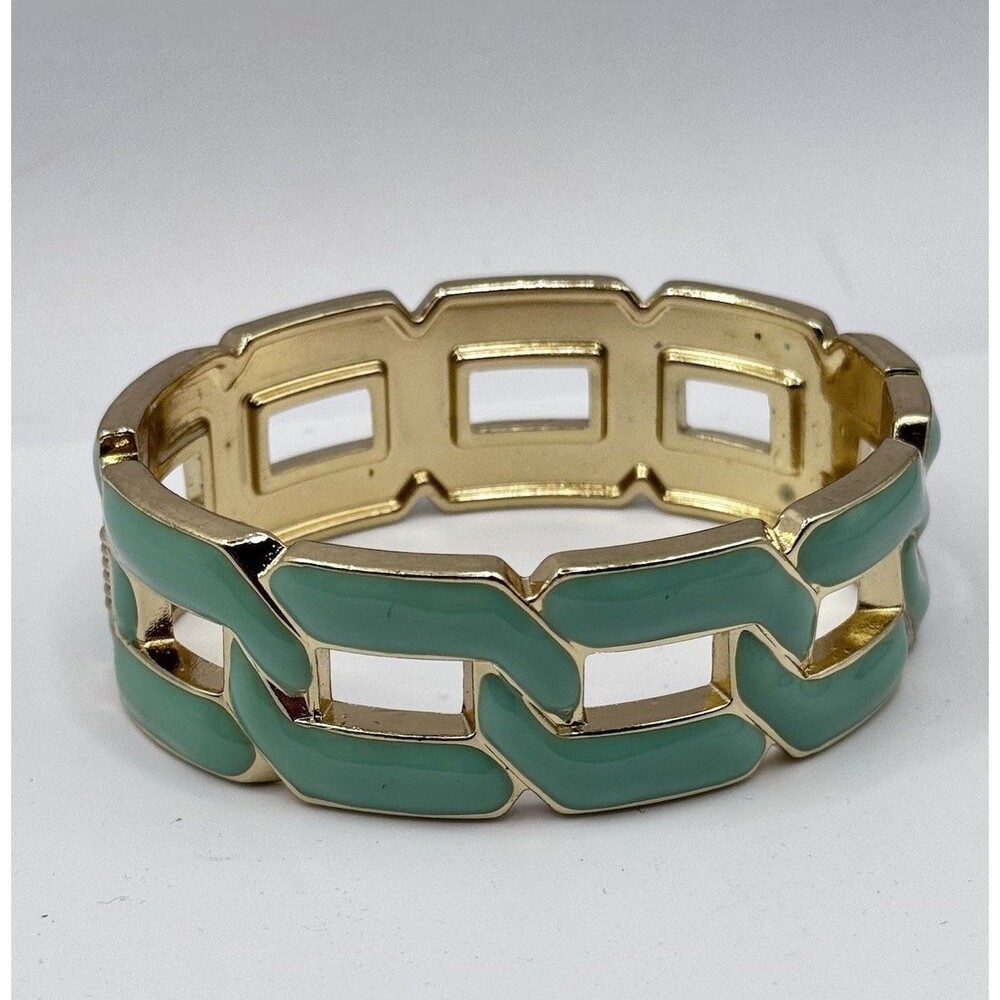 Mint Green Enamel Chain Link Bracelet Gold Tone Spring Hinge Statement Bangle